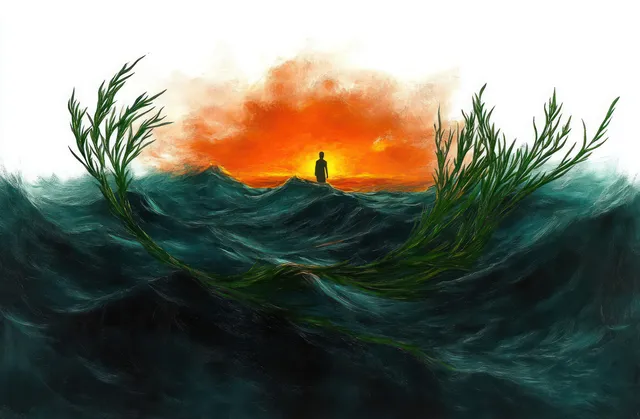 Silhouette figure stands amid stormy ocean waves, framed by green seaweed at fiery orange sunset