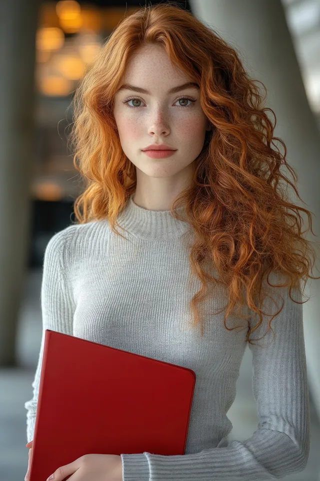 Young woman with curly red hair holding a red folder outdoors on a modern campus walkway.