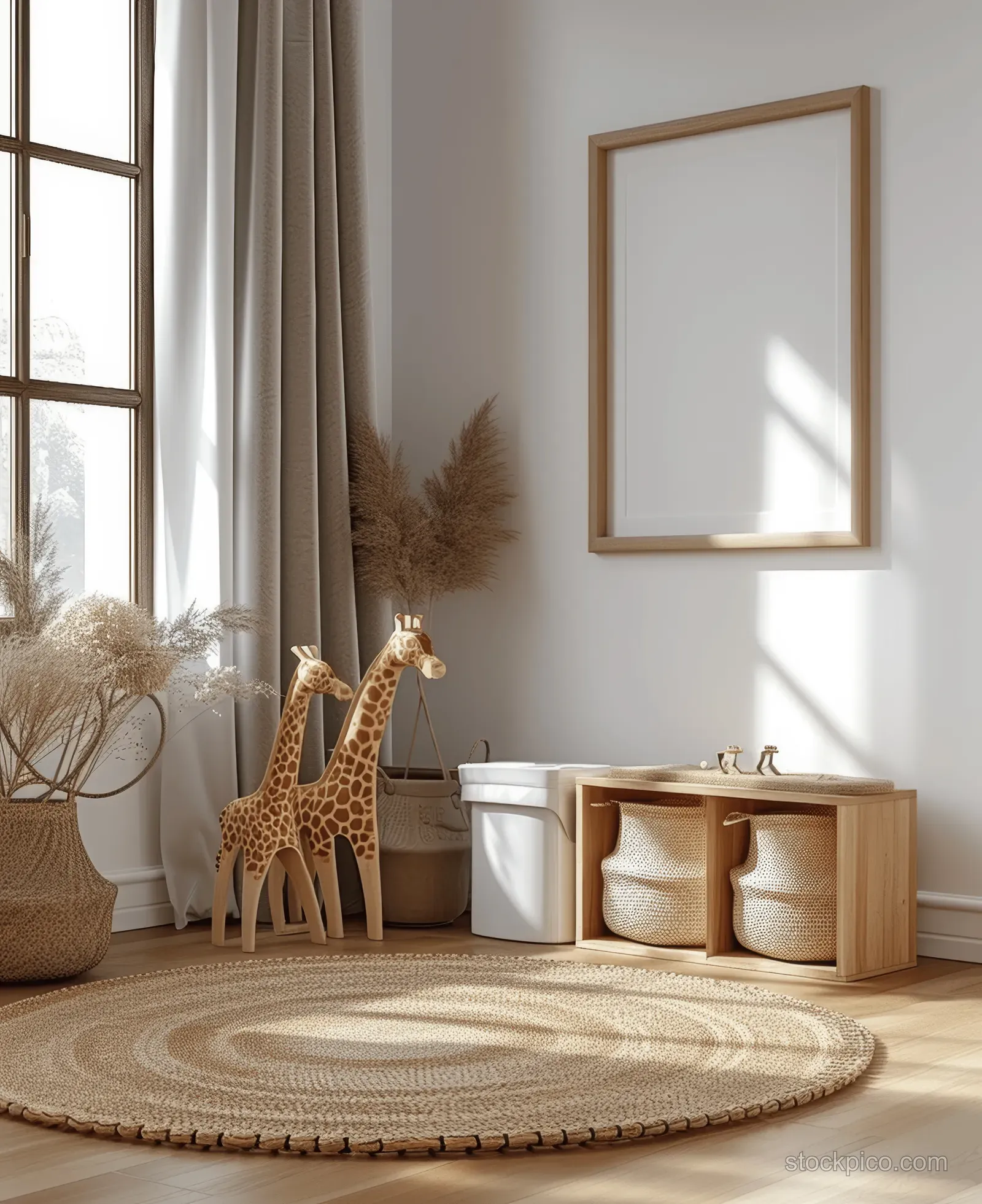 Toy giraffe beside a wooden frame wall picture in a minimalist Scandinavian nursery with soft bins and natural light.
