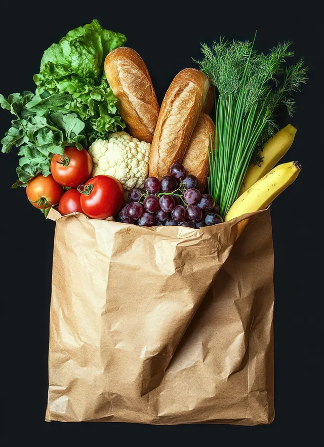 Paper grocery bag on a black background filled with tomatoes, leafy greens, grapes, herbs, and bread.