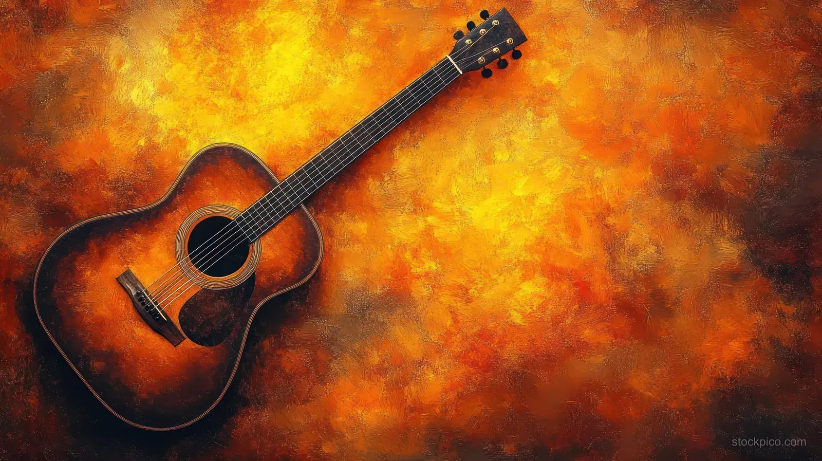 Acoustic guitar resting on a fiery orange and yellow textured background with visible strings and wood grain.