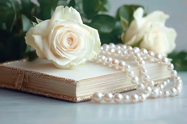White roses and pearl strands lie across a closed gold-edged book on a soft tabletop.