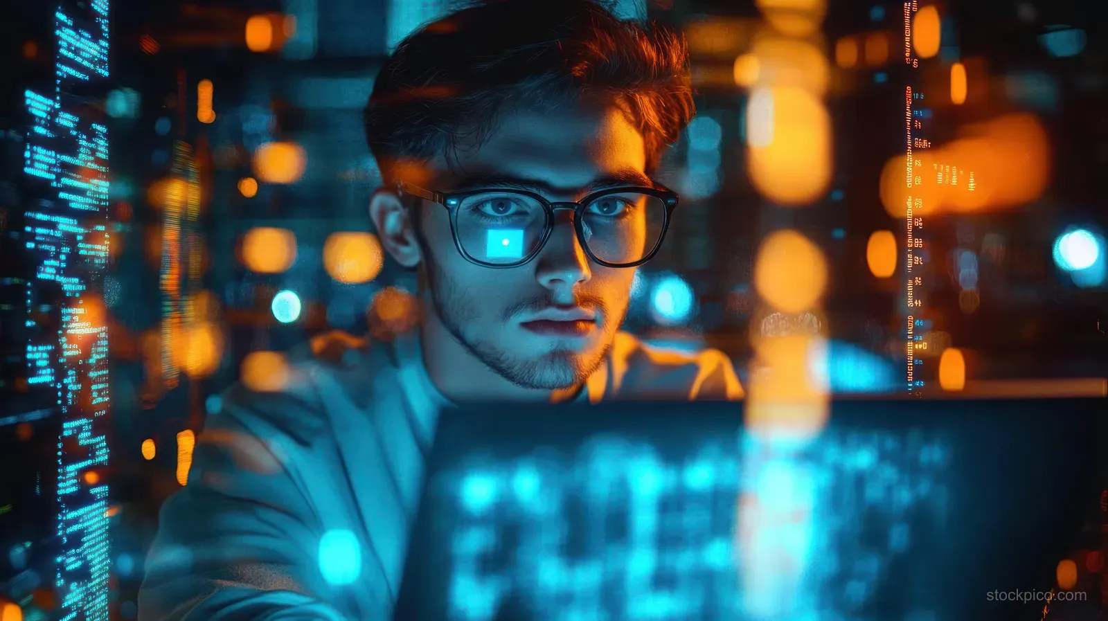 Young man with glasses focuses on a computer screen with glowing code, surrounded by blue and orange tech lights.