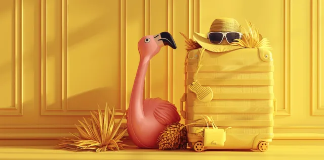 Yellow suitcase on a golden background beside sunglasses, a straw hat, and a pink flamingo ornament.