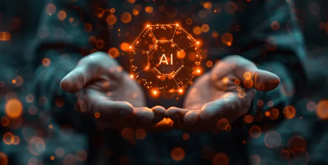 Businessman’s hands presenting an AI hologram with cybersecurity and network data effects