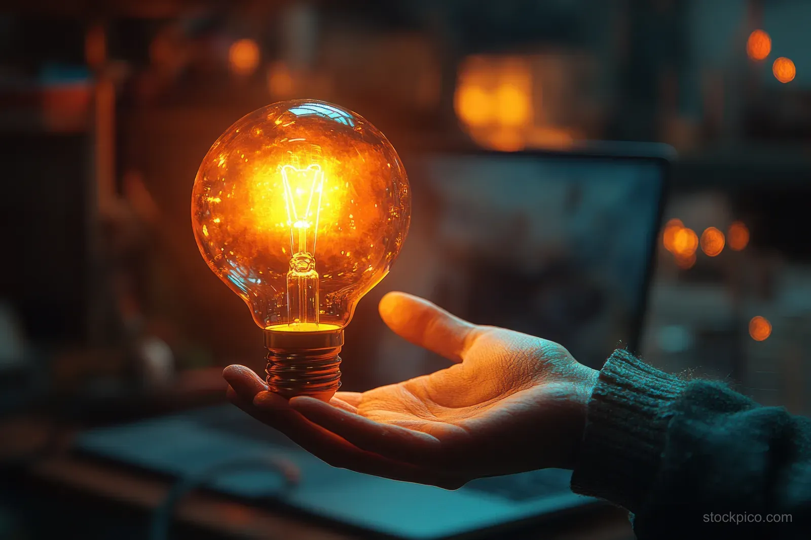 A hand holds a glowing amber light bulb in a softly lit room with a blurred desk in the background.