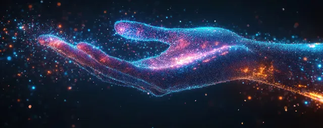 A neon cyberpunk hand reaches forward amid glowing particles and data waves on a purple-blue gradient.