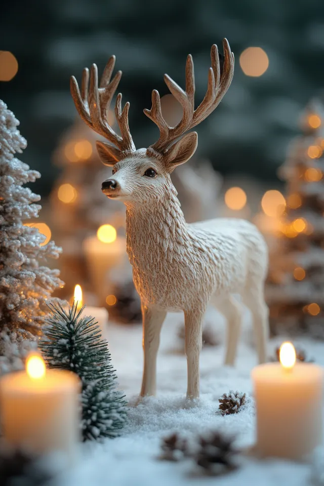 White reindeer figurine stands on snowy holiday decor beside glowing candles with blurred warm lights behind.
