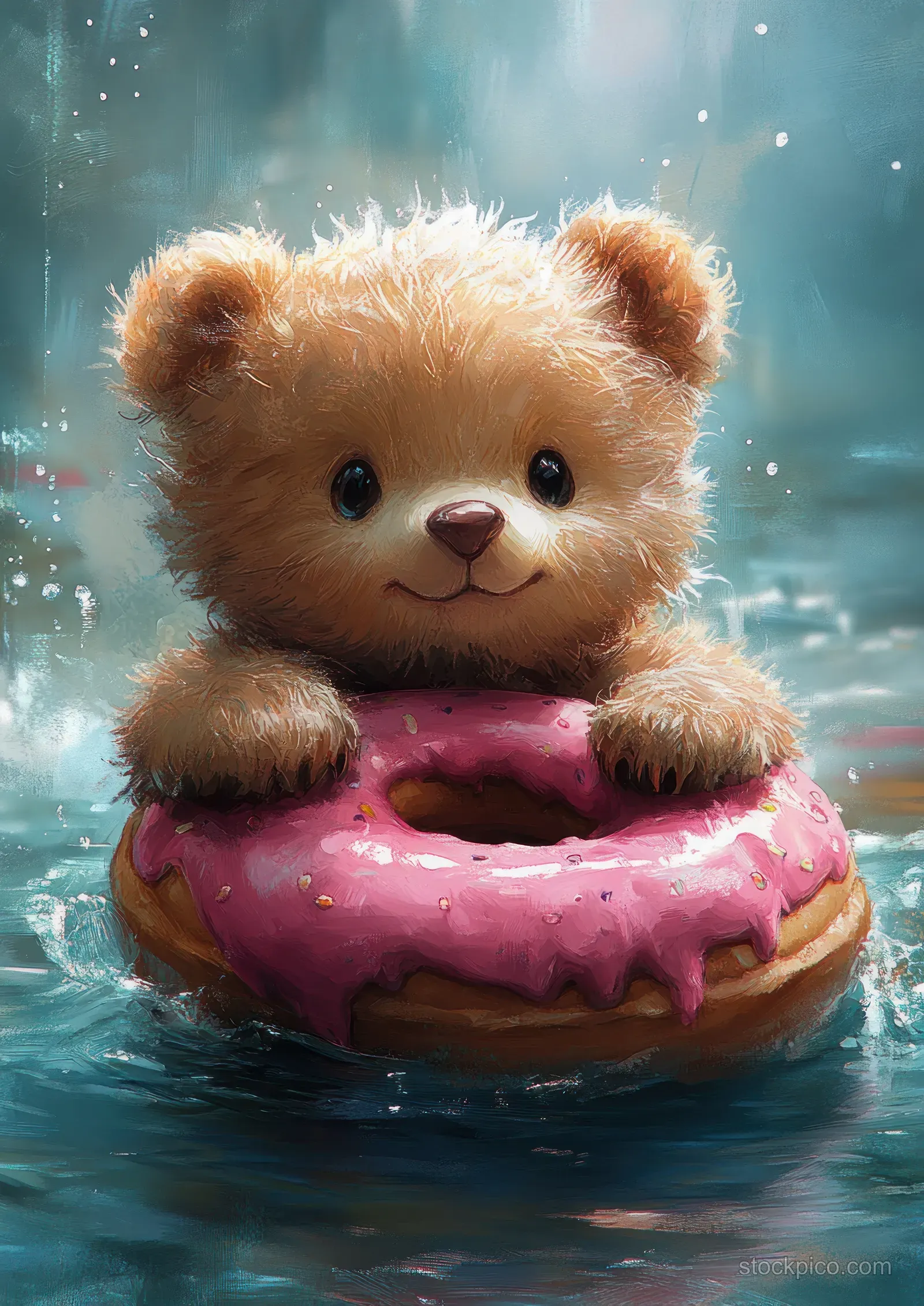 Watercolor teddy bear floating in a pink donut over a snowy sparkling background.