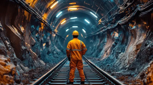 A railway tunnel worker in orange safety gear stands on tracks amid rough rock walls and electrical cables.