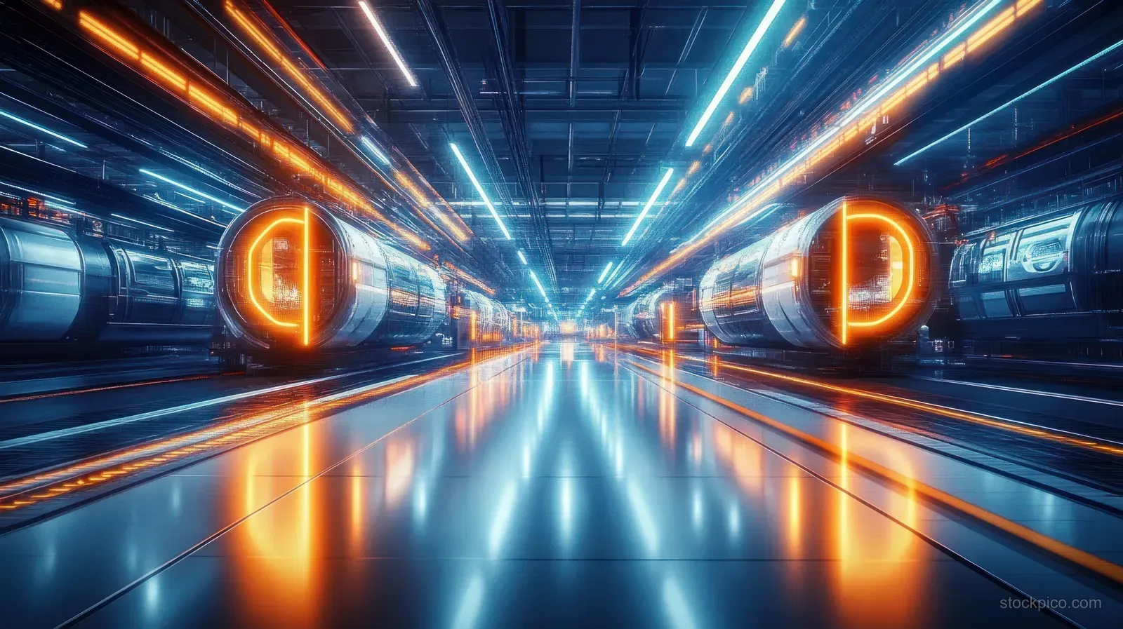 A neon-lit smart factory corridor with holographic data lines and glowing industrial machines converging into a vanishing point.