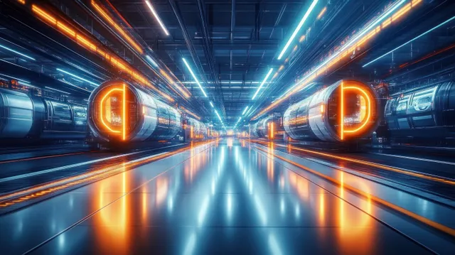 A neon-lit smart factory corridor with holographic data lines and glowing industrial machines converging into a vanishing point.