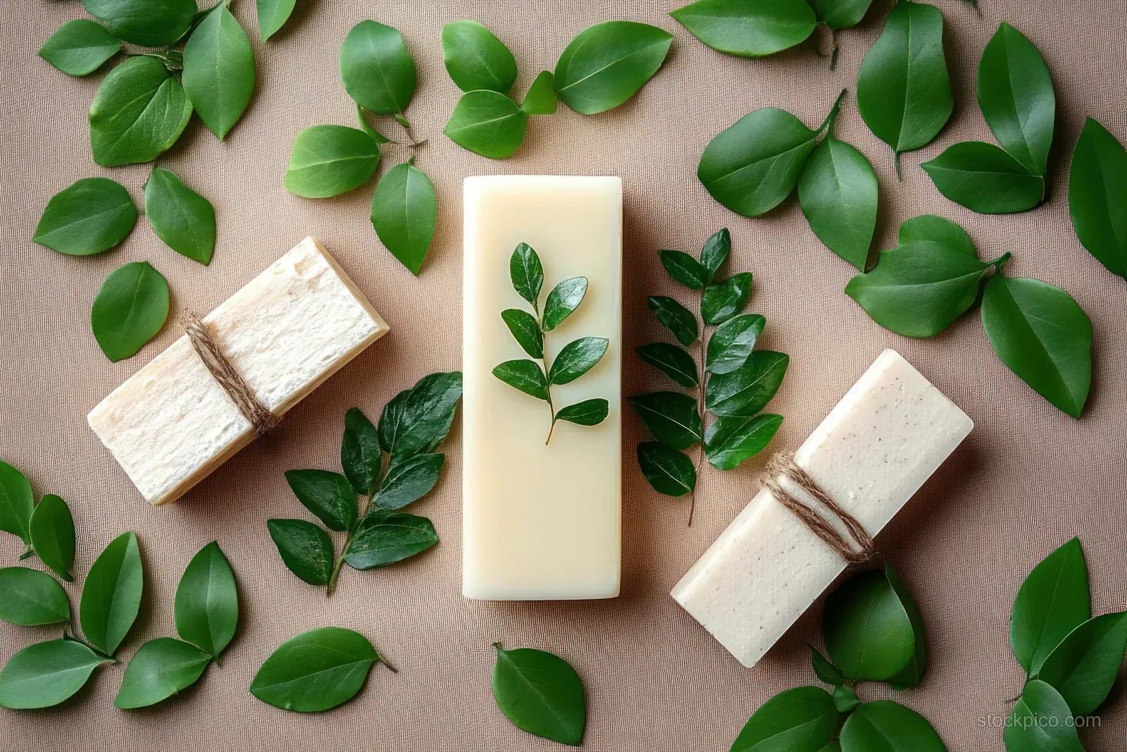 Natural soap and shampoo bars arranged on craft paper with scattered green leaves and wooden pieces.