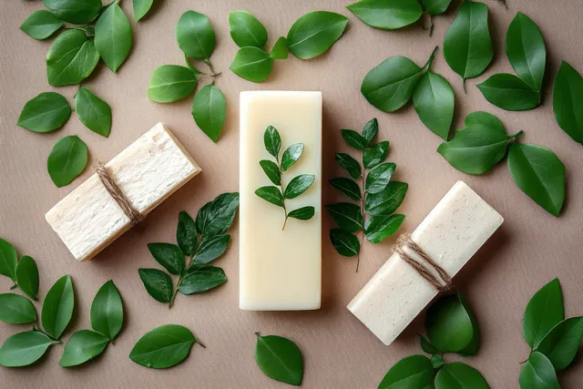 Natural soap and shampoo bars arranged on craft paper with scattered green leaves and wooden pieces.