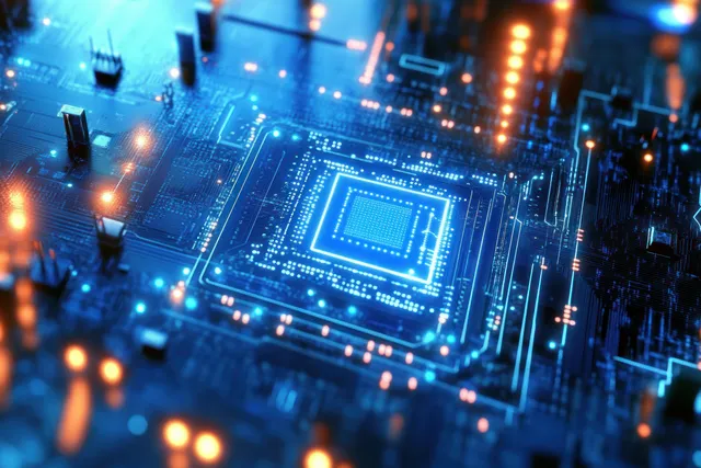 Futuristic blue circuit board close-up with glowing pathways around a central microchip