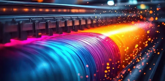 Close-up of multicolor fiber optic cables emitting blue, pink, purple, and orange light with glowing particles.