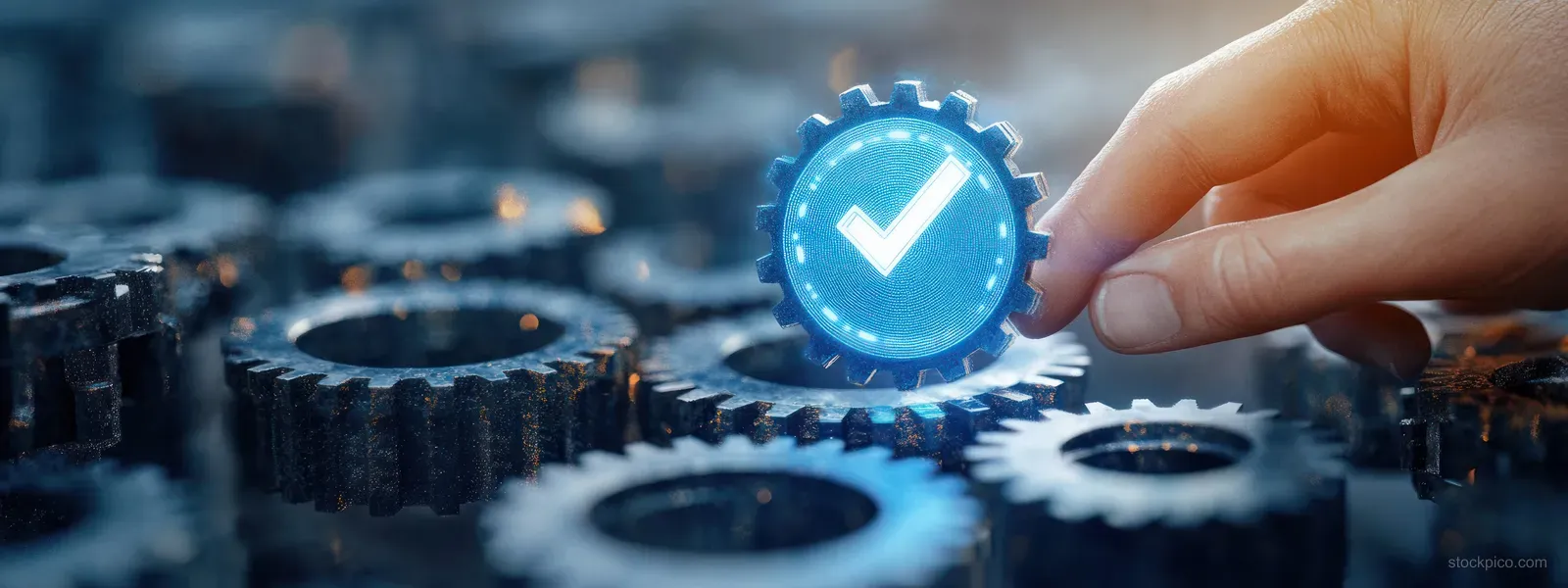 Hand places a glowing blue checkmark gear among dark metal gears in an industrial setting.