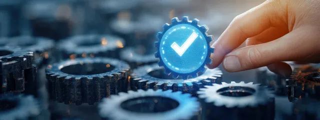 Hand places a glowing blue checkmark gear among dark metal gears in an industrial setting.