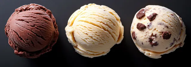 Three scoops of ice cream—chocolate and vanilla with chunks—on a dark background