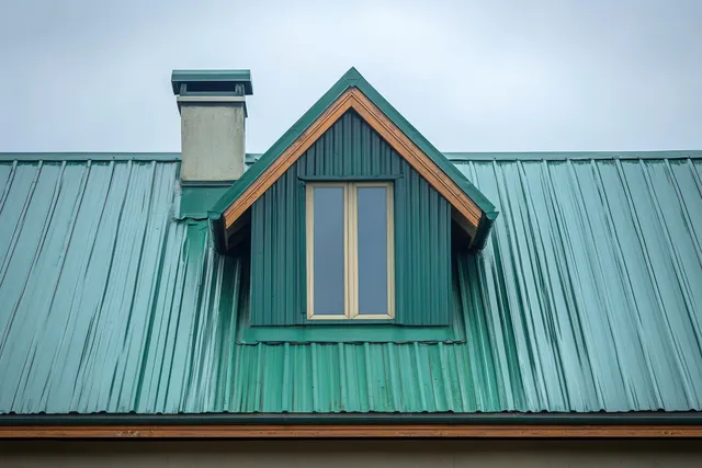 Green metal roof with a dormer window and concrete chimney under a cloudy gray sky.