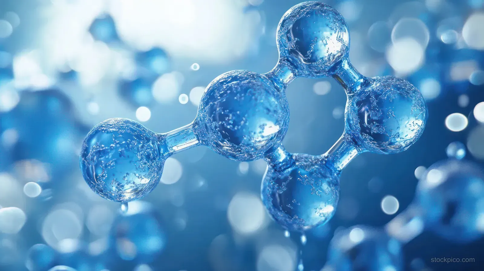 Blue translucent molecular structure with glowing spherical atoms connected by bonds over a soft blue bokeh background.