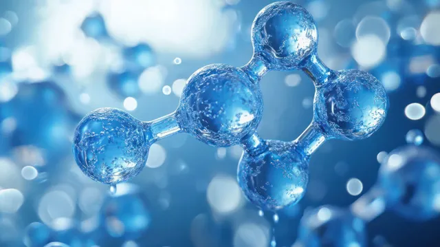Blue translucent molecular structure with glowing spherical atoms connected by bonds over a soft blue bokeh background.
