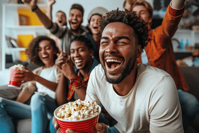 Cheering friends watching World Cup match at home, holding popcorn bowls on a living room sofa