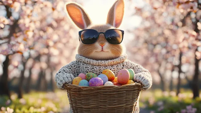Sunglass-wearing bunny in a knitted sweater holds a basket of colorful Easter eggs in a blooming orchard.