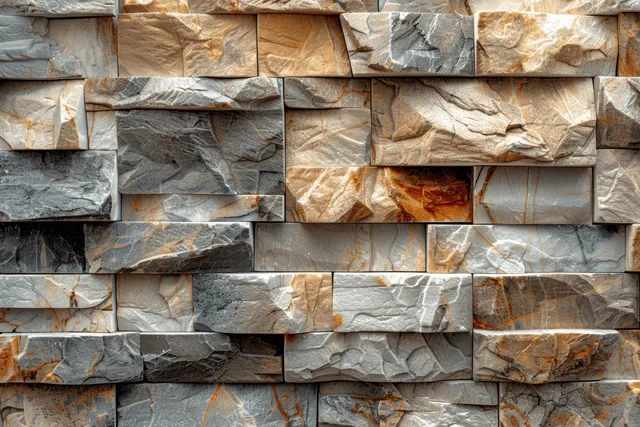 Close-up of a cream beige and slate stone brick wall with rough stacked blocks and mortar seams.