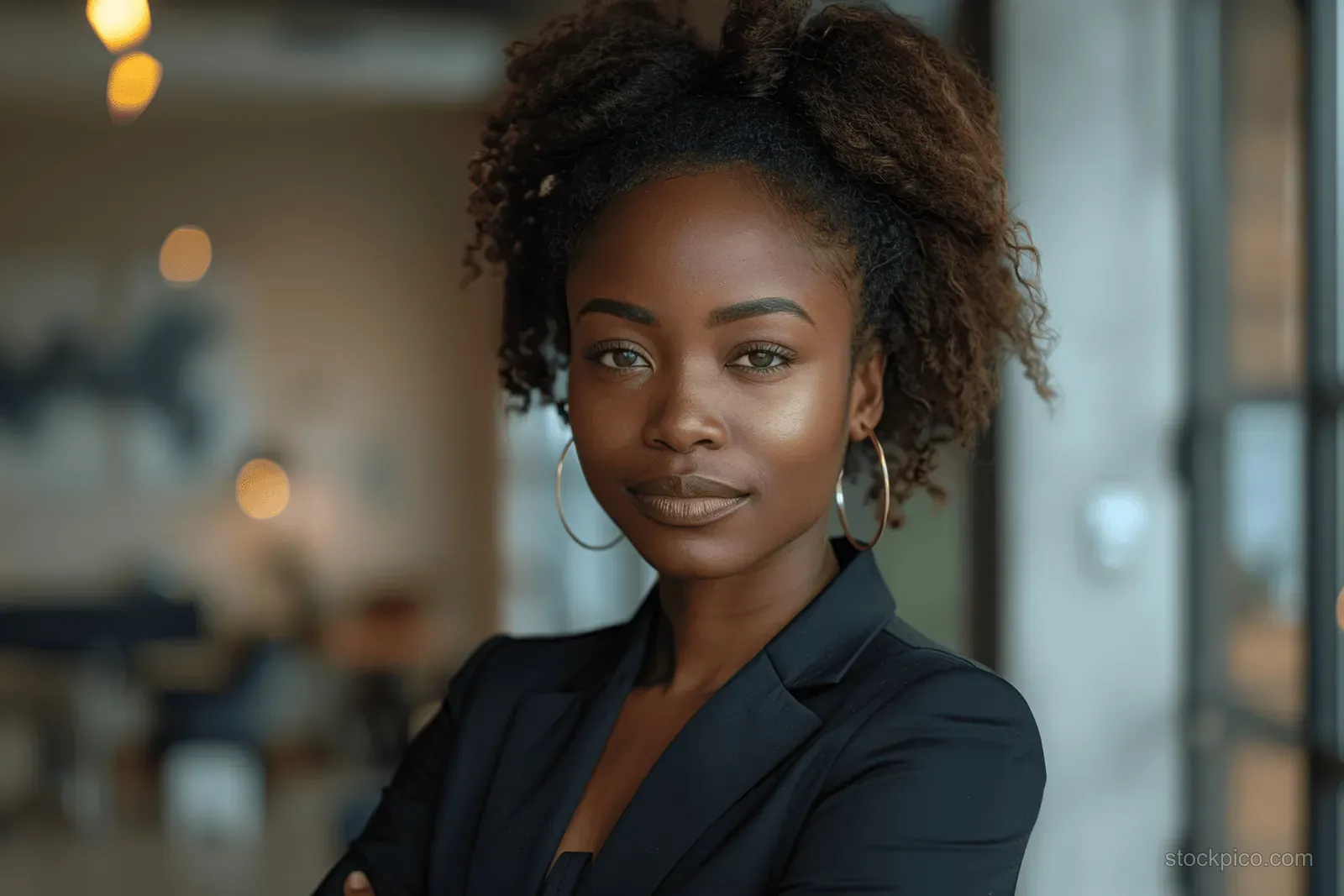 A confident Black female executive in a dark suit smiles near glass office doors holding a laptop.