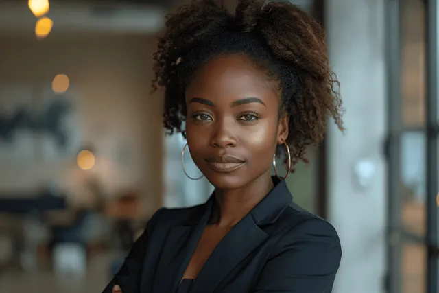 A confident Black female executive in a dark suit smiles near glass office doors holding a laptop.