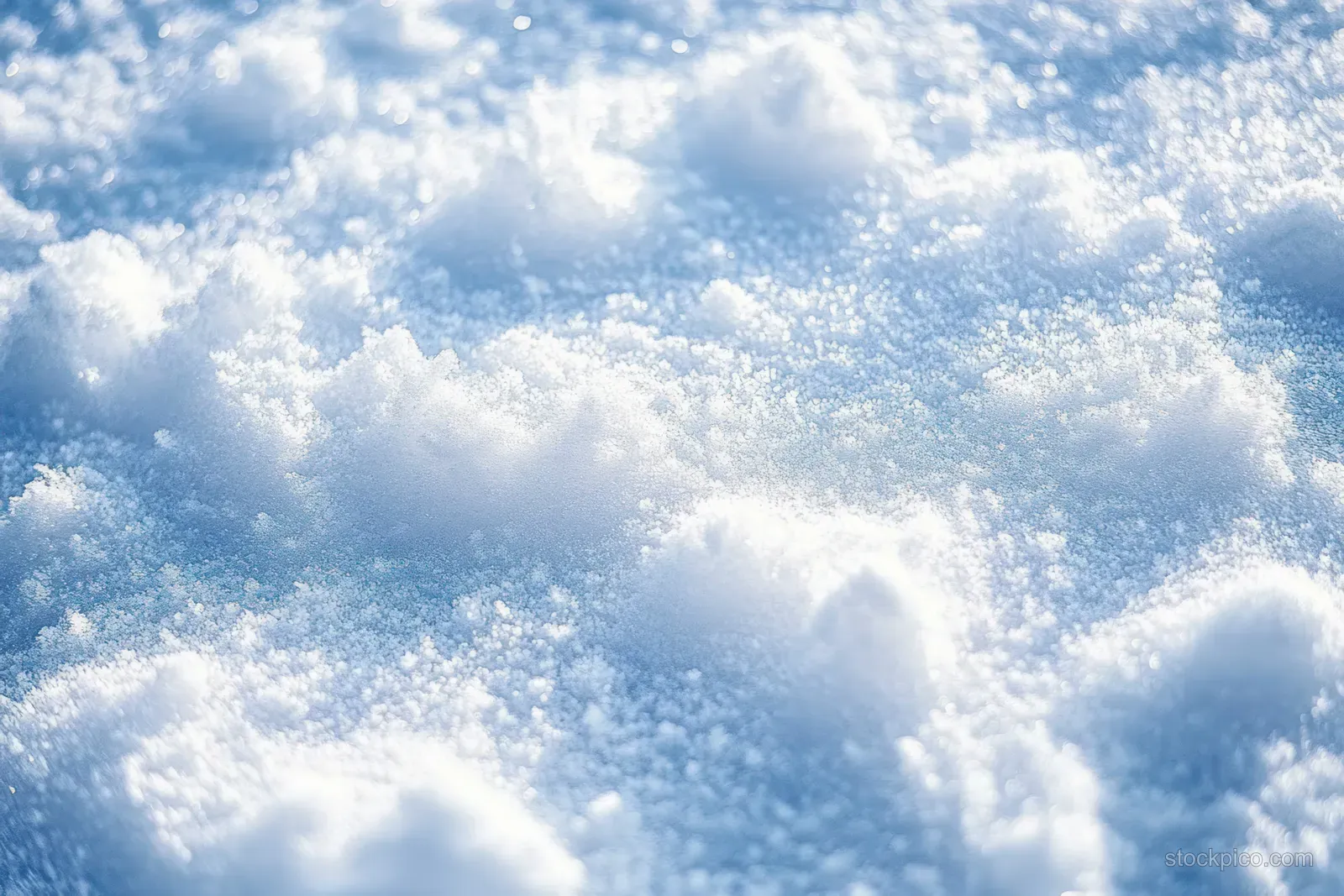 Fluffy snow grains glitter as ice crystals reflect winter daylight across a snow-covered surface.