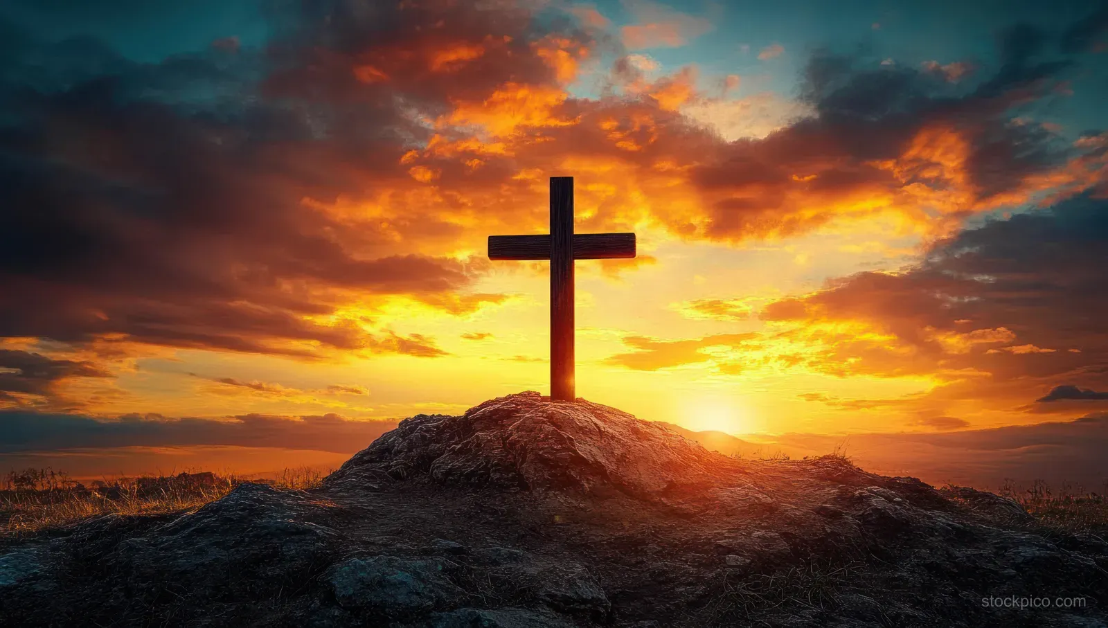 Wooden cross silhouette on a rocky hill against an orange and yellow sunset sky with scattered clouds.