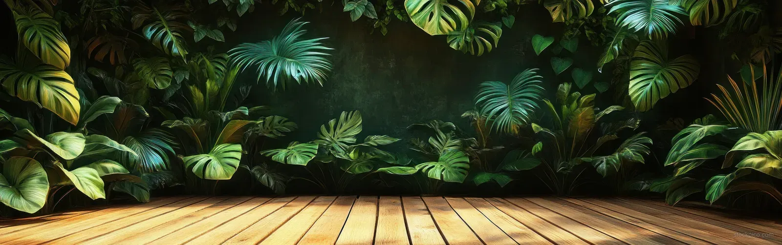 Wooden floor indoors framed by dense tropical leaves and green plants forming a wall.