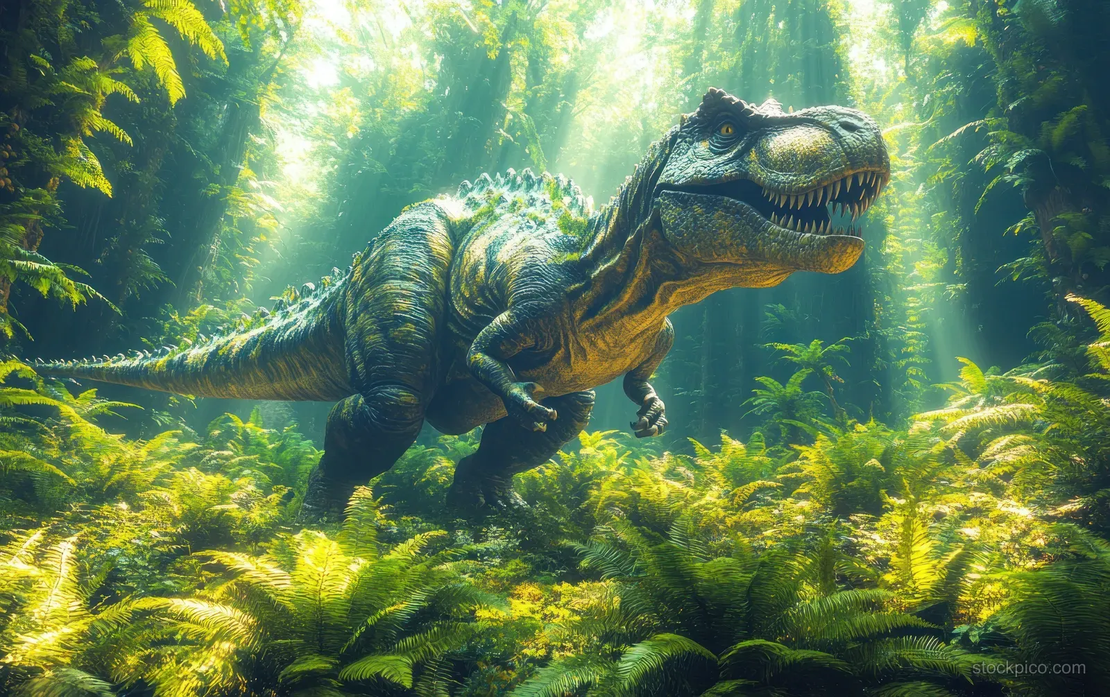 An Iguanodon walks through a misty prehistoric jungle with ferns and sunlight beams.