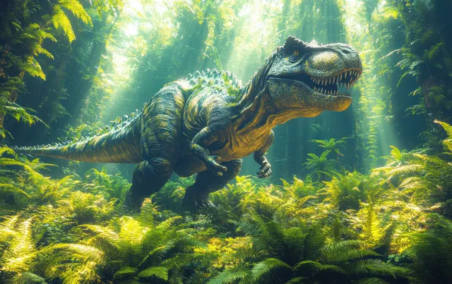 An Iguanodon walks through a misty prehistoric jungle with ferns and sunlight beams.