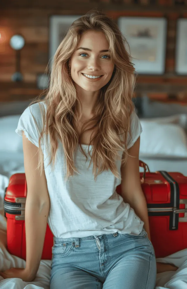 Smiling woman packing a red suitcase with folded clothes while seated on a bed at home.