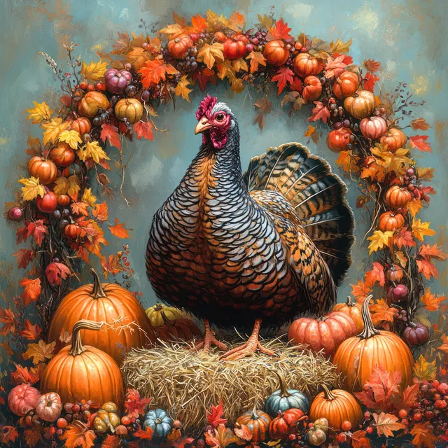 Center-framed turkey surrounded by pumpkins, gourds, and autumn leaves with hay on a warm background.