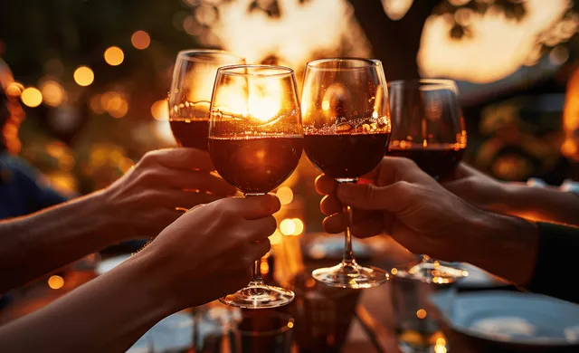 Amigos chocan copas de vino tinto al aire libre en una terraza de viñedo mientras el sol se pone detrás de ellos.