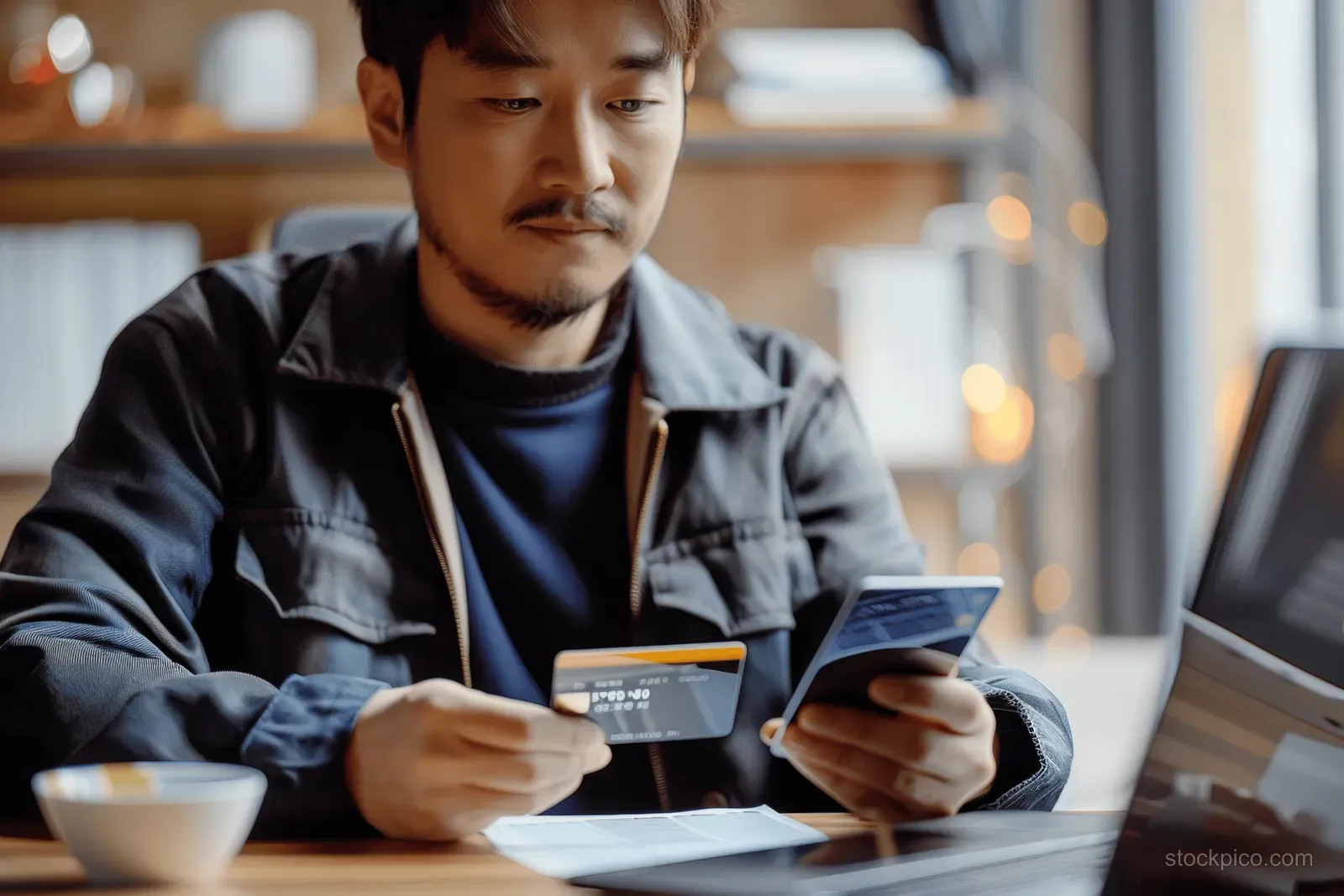 Man at home desk holds a credit card and taps a smartphone while browsing blurred payment screens.