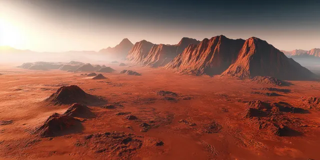 Martian landscape with towering mountains and drifting dust at sunset