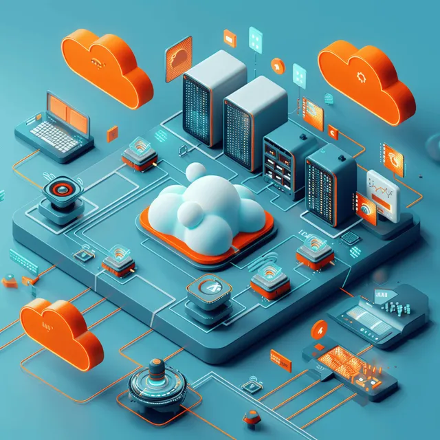 Isometric cloud computing scene with orange server racks connected to floating network icons on a teal platform.