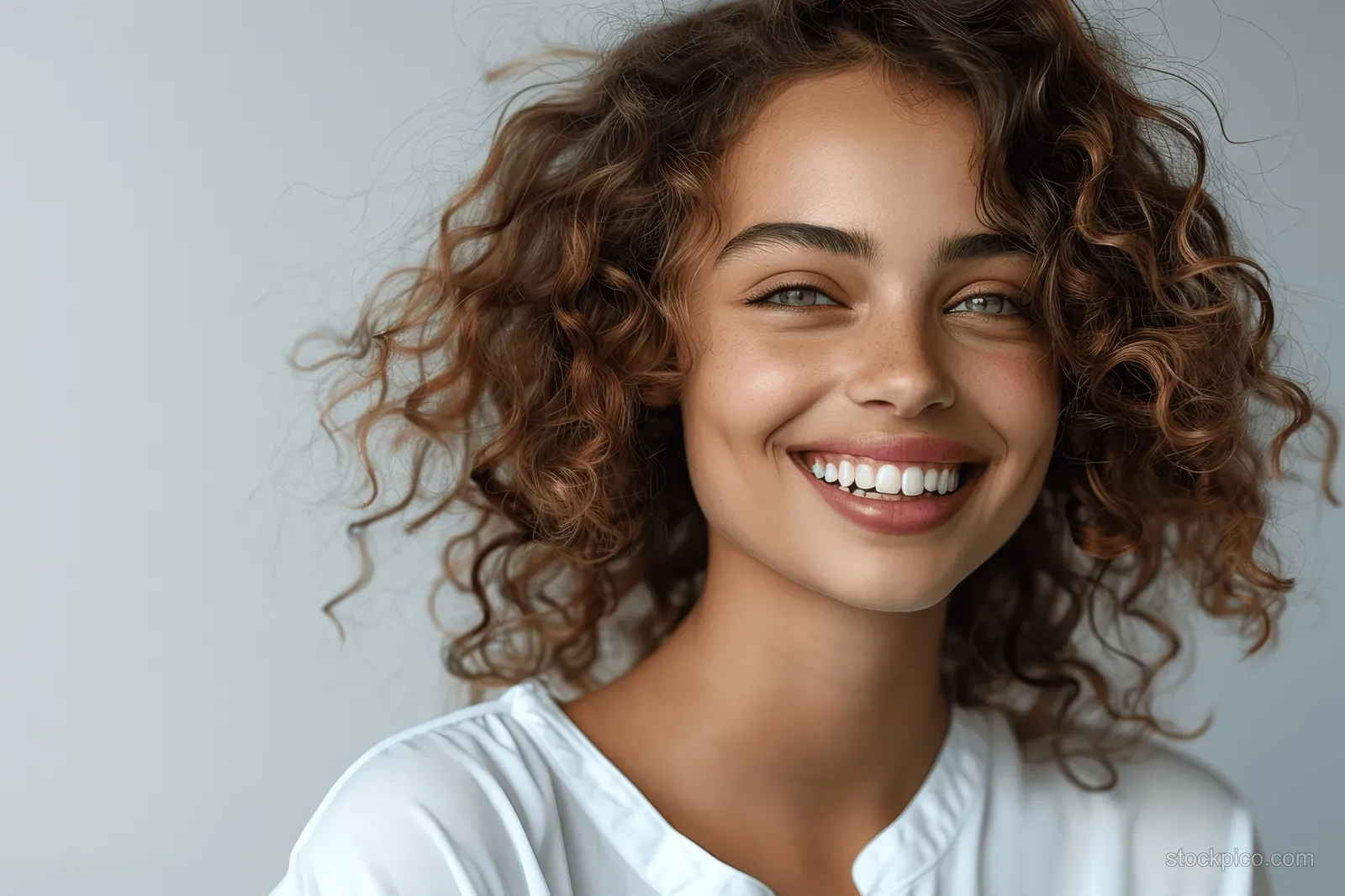 Smiling woman with curly hair wearing a white shirt against a gray background.