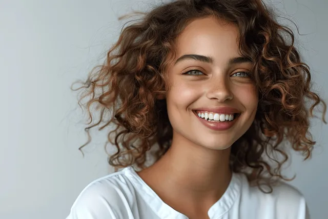 Smiling curly haired woman in white shirt against gray background