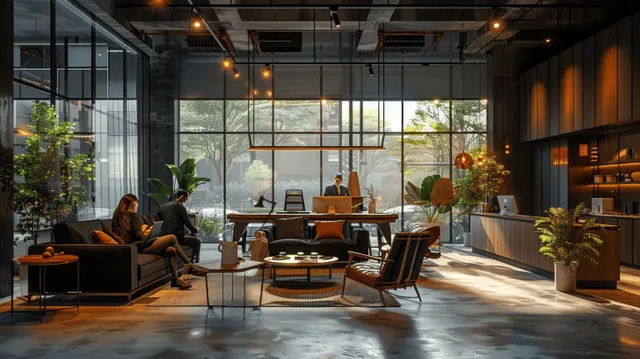 People sitting in a modern open office with black walls, concrete floor, glass windows, and potted plants.