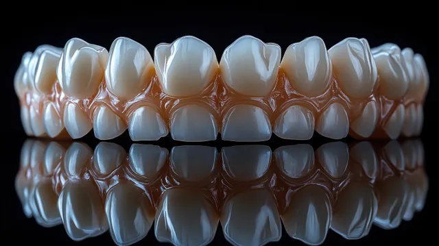Hyper-realistic reflective dental dentures displayed on a jaw, macro lab lighting