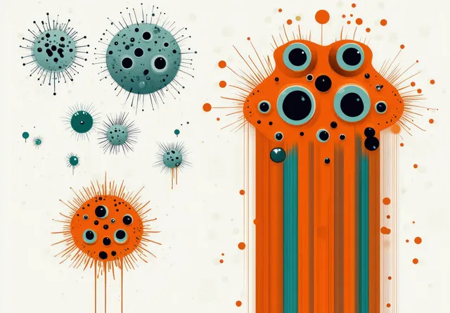 Orange striped dust mite-like figure surrounded by teal and orange microscopic particles on a light background.