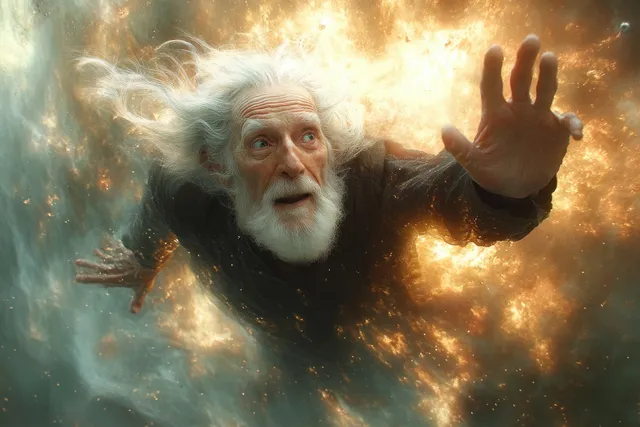 Elderly man skydiving with flapping coat and bright sunlight clouds, joyful open-hand wave
