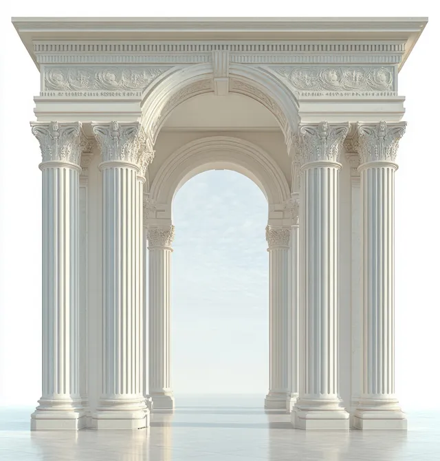 Neoclassical marble archway with fluted columns and carved capitals in bright morning light.