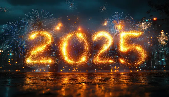 Golden 2025 numerals created by fireworks over a waterfront city skyline, reflected on dark water at night.